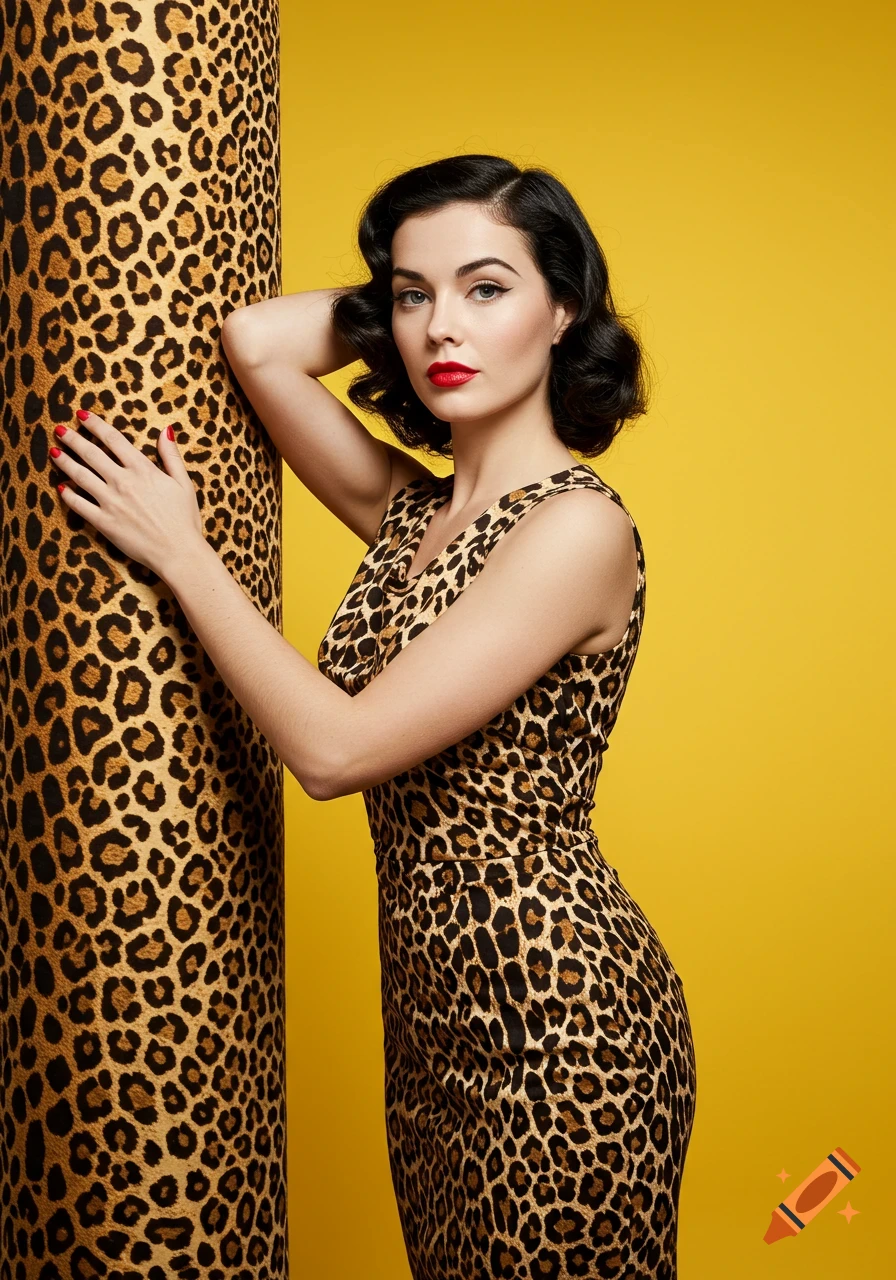 A glamorous woman in a leopard-print dress poses against a leopard-print column on a yellow background.