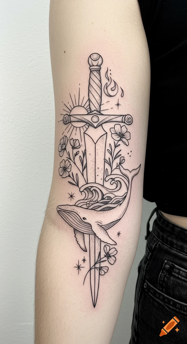 Minimalist black and white tattoo on an arm, featuring a sword intertwined with a sun, whale, waves, wildflowers, and subtle fire elements.