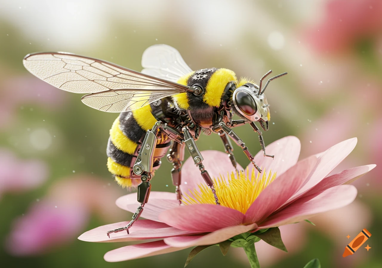 A detailed, photorealistic rendering of a robotic bee with fuzzy yellow and black stripes and metallic limbs, standing on a pink flower.