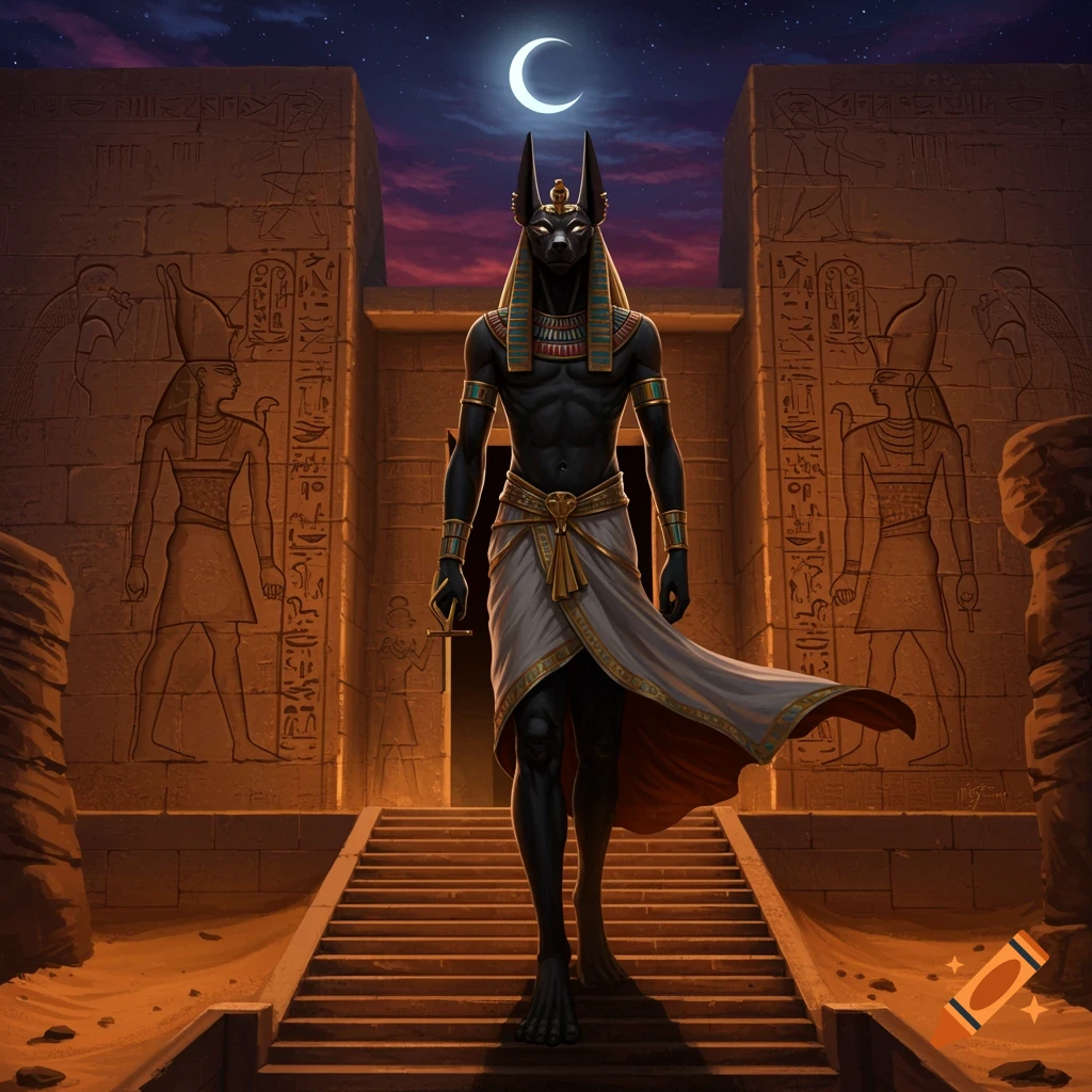 A majestic Anubis, the jackal-headed Egyptian god, stands at the base of temple steps under a moonlit night sky.