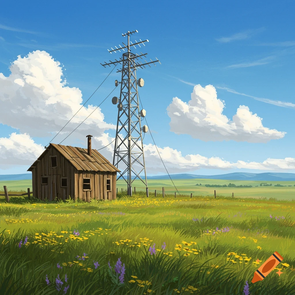 An illustrated scene of a rustic wooden shack next to a tall radio antenna tower in a vast green field with wildflowers under a clear blue sky.
