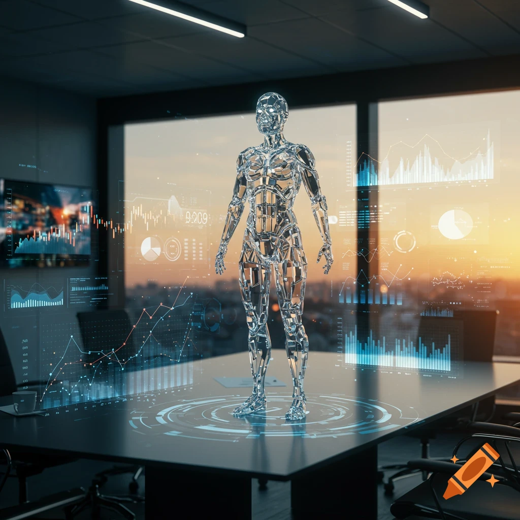 A metallic humanoid robot stands on a conference table, surrounded by holographic business data visualizations in a modern office with a city view at sunset.