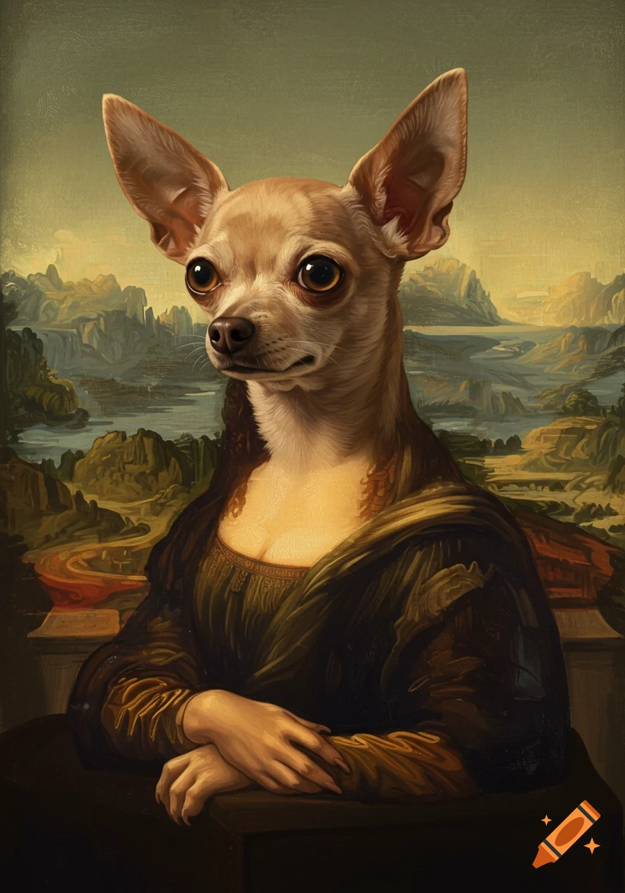 A portrait of a chihuahua with the body and background of Leonardo da Vinci's Mona Lisa painting.