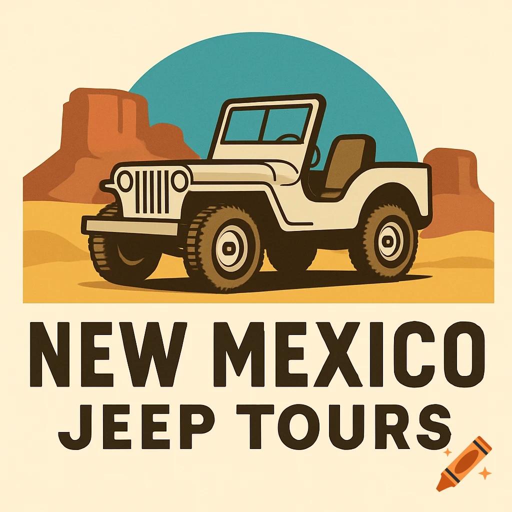 Vintage-style logo with a white jeep in a desert landscape, featuring text 'NEW MEXICO JEEP TOURS'.