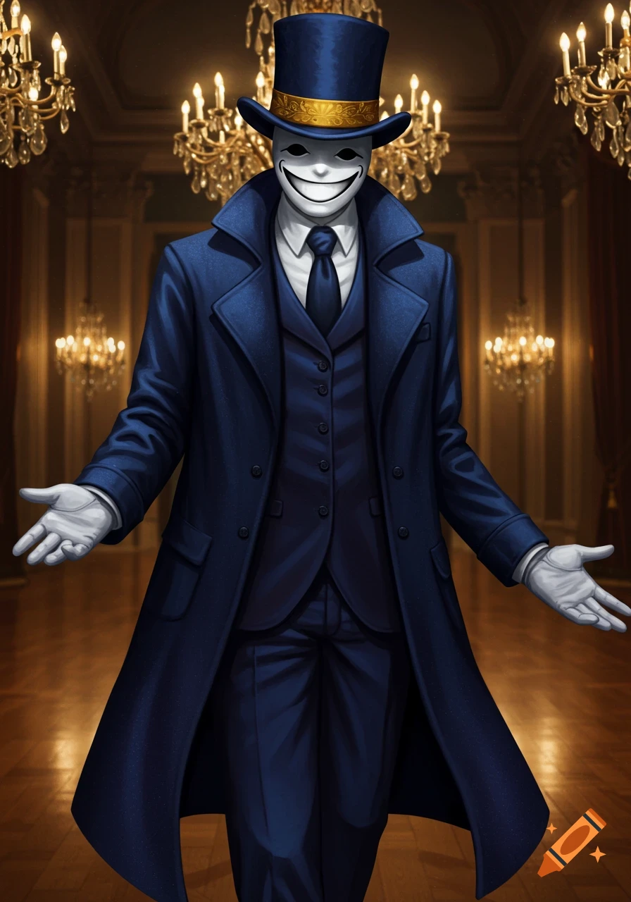 A masked figure in a dark blue suit, coat, and top hat with a wide smile stands in a chandelier-lit room.
