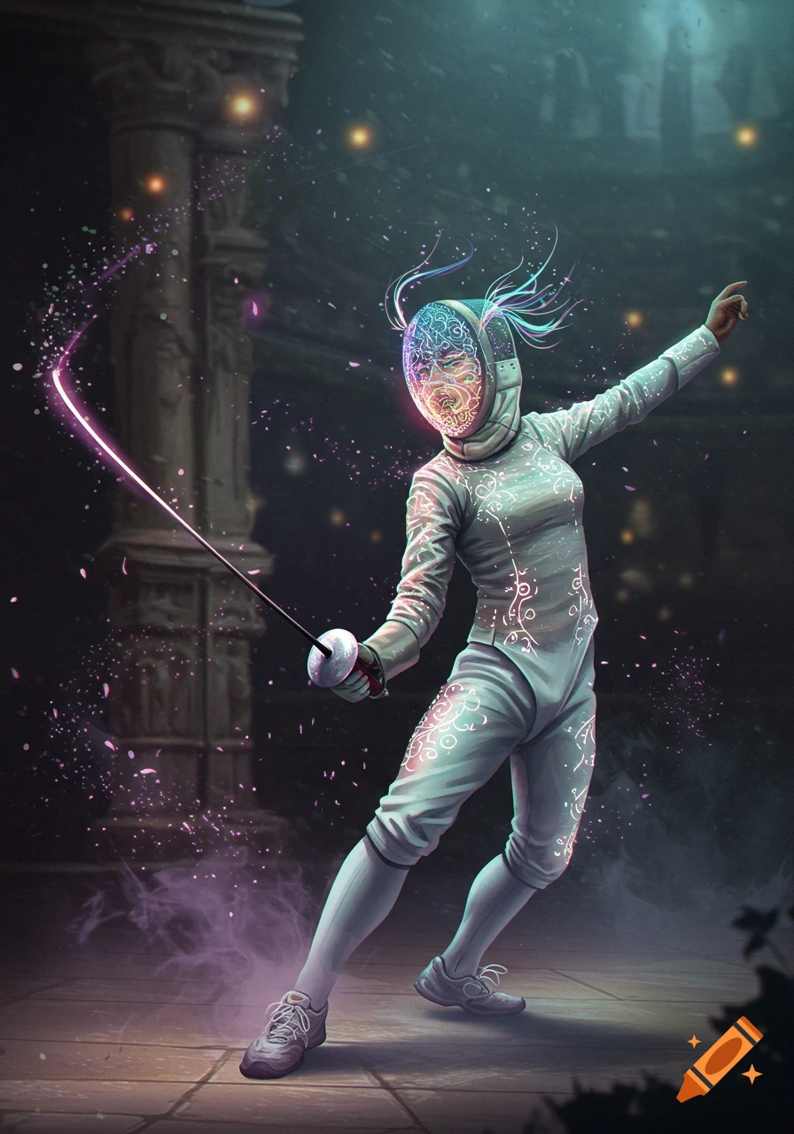A fencer in a glowing, intricate mask and white suit with magical patterns, holding a foil amidst pink energy in a dark, ruinous setting.