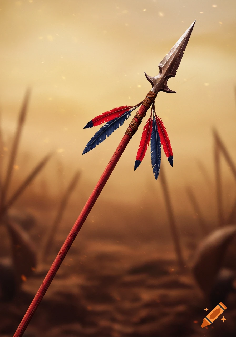 A rustic red spear with a metal head and red and navy blue feathers, set against a blurred, dusty background.