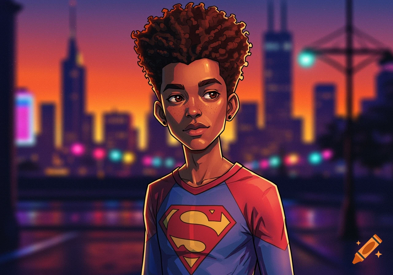 A cartoon illustration of a young Black person with an afro and freckles, wearing a blue and red Superman shirt, standing in front of a blurred city skyline at sunset.