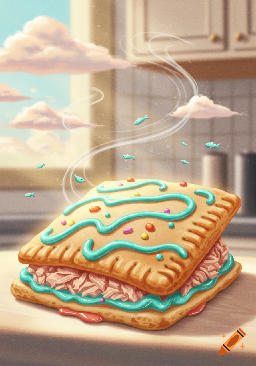 Surreal illustration of a tuna poptart with blue icing and sprinkles, emitting steam with small blue fish, in a kitchen.