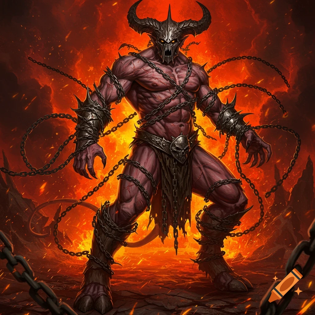 A fearsome chain devil demon with horns and spiked armor, wrapped in chains, stands in a fiery hellscape.