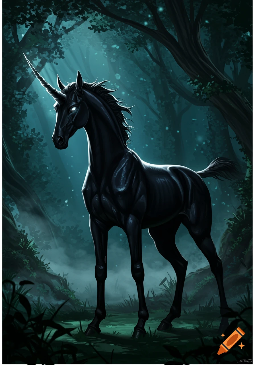 A majestic black unicorn with glowing white eyes stands in a dark, mystical forest with misty light filtering through the trees.