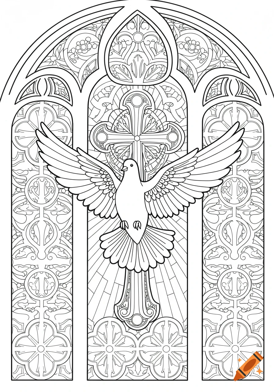 Black and white coloring page of a dove in front of a cross within a stained glass window design.