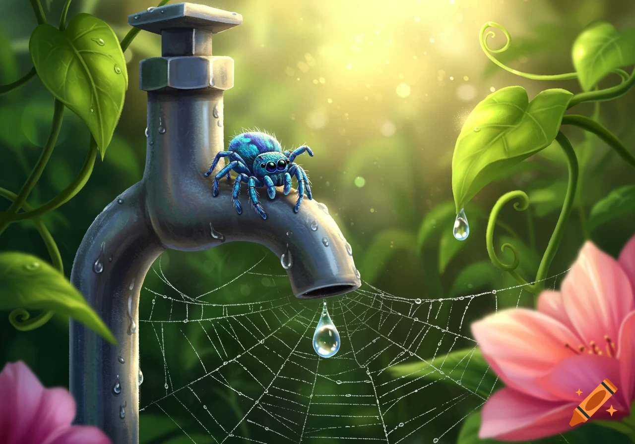 A vibrant blue spider sits on a water faucet with a water droplet falling into its dewy web, surrounded by green leaves and pink flowers.