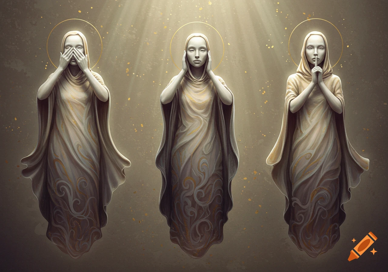 Three veiled, ghostly figures with golden halos depict 'see no evil, hear no evil, speak no evil' in a beam of light.