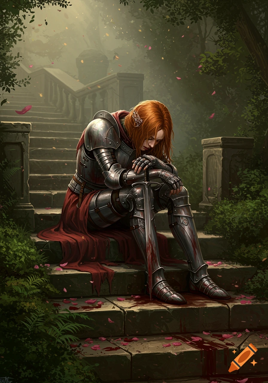 A defeated female knight with long red hair sits slumped on stone stairs, her bloodied armor and sword surrounded by rose petals in a misty forest.