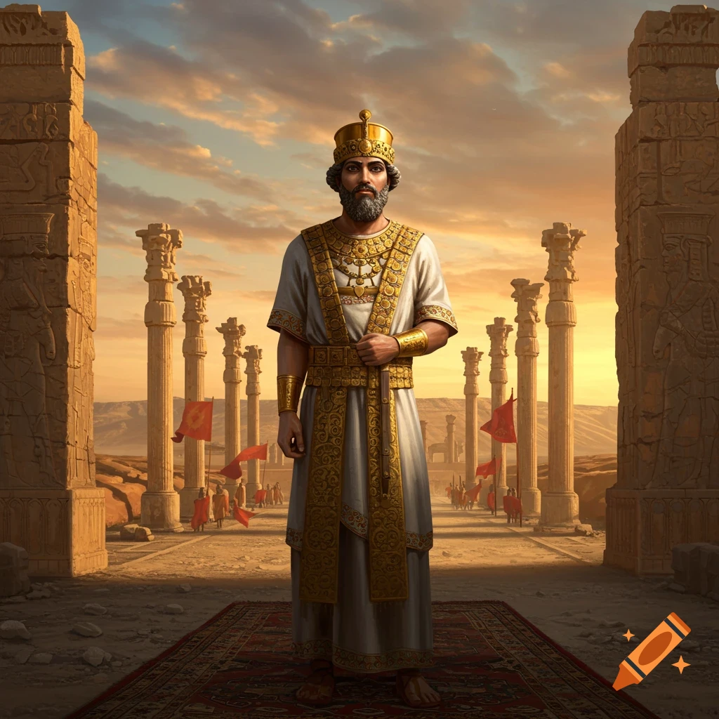 A regal man in white and gold robes and a crown stands on a rug amidst ancient stone columns under a sunset sky.
