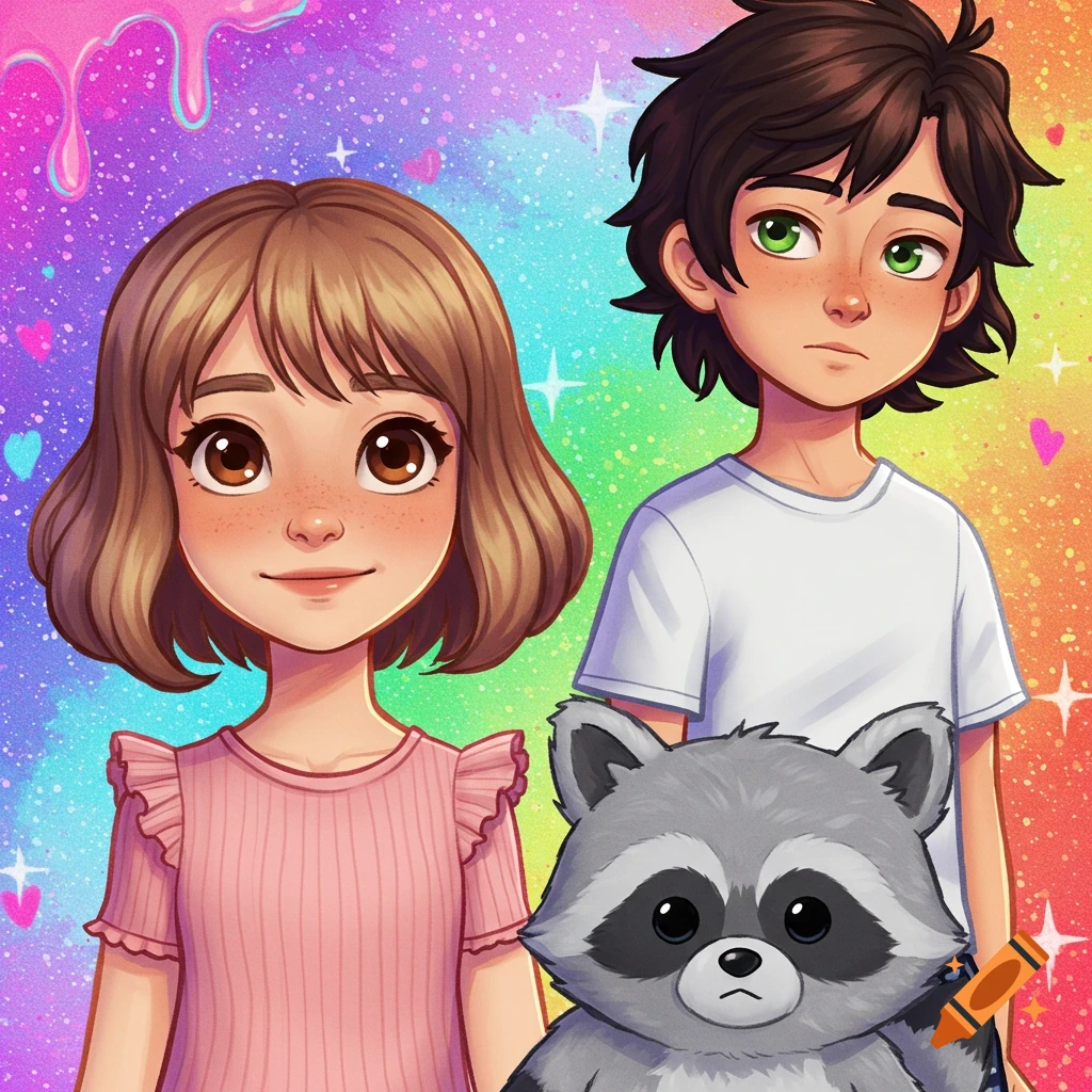 A colorful, cartoon-style profile picture featuring a girl with light brown hair in a pink ruffled shirt, a boy with dark hair in a white t-shirt, and a grey plush raccoon, all against a bright, rainbow-colored background with sparkles and slime splashes.