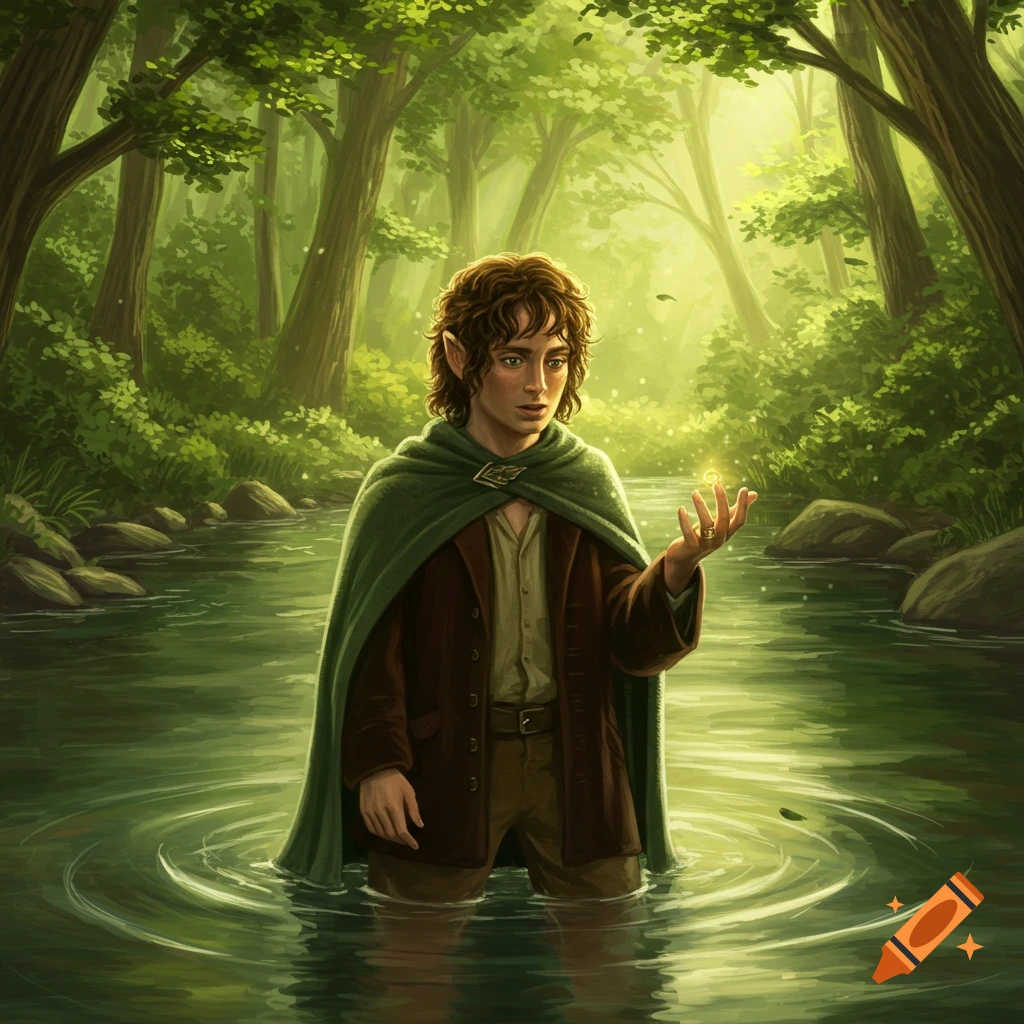 Frodo Baggins stands in a river in a lush green forest, holding a glowing ring. Painterly style.
