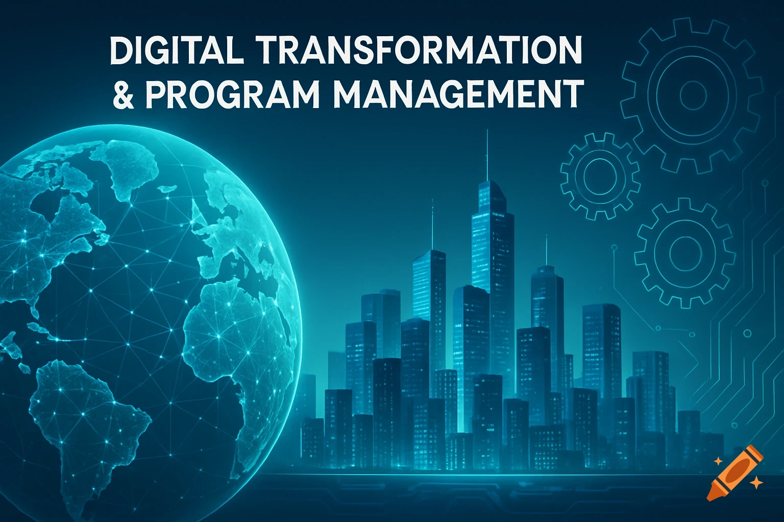 Digital transformation banner with a glowing globe, skyscrapers, and circuit patterns in blue tones.