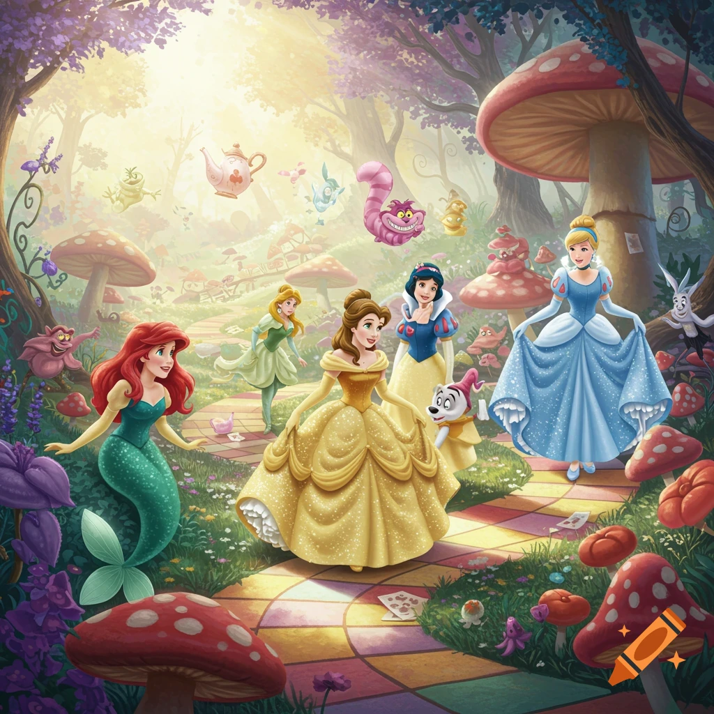 Several Disney princesses including Ariel, Belle, Snow White, and Cinderella in an Alice in Wonderland setting with large mushrooms, a floating teapot, and the Cheshire Cat.