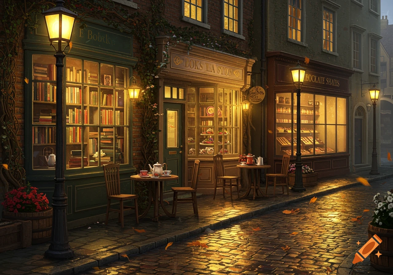 An enchanting street scene at dusk with illuminated book, tea, and chocolate shops, lampposts, and wet cobblestone streets reflecting the warm light.