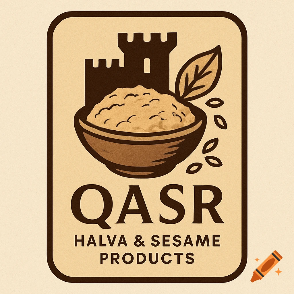 Logo for QASR Halva & Sesame Products featuring a castle, a bowl of halva, and a sesame leaf in earthy tones.