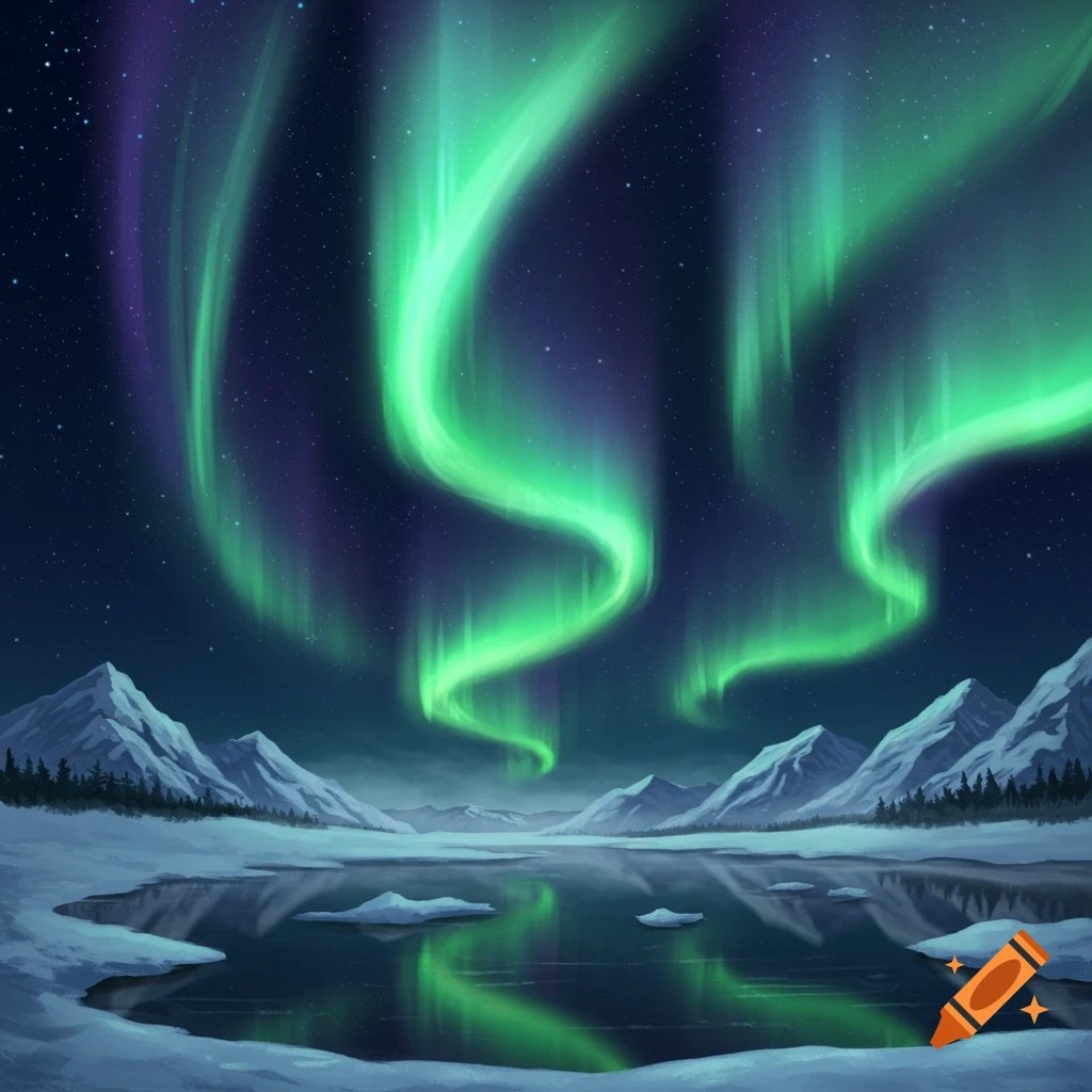 Vibrant green and purple aurora borealis lights up a dark night sky over snow-covered mountains and a partially frozen lake.