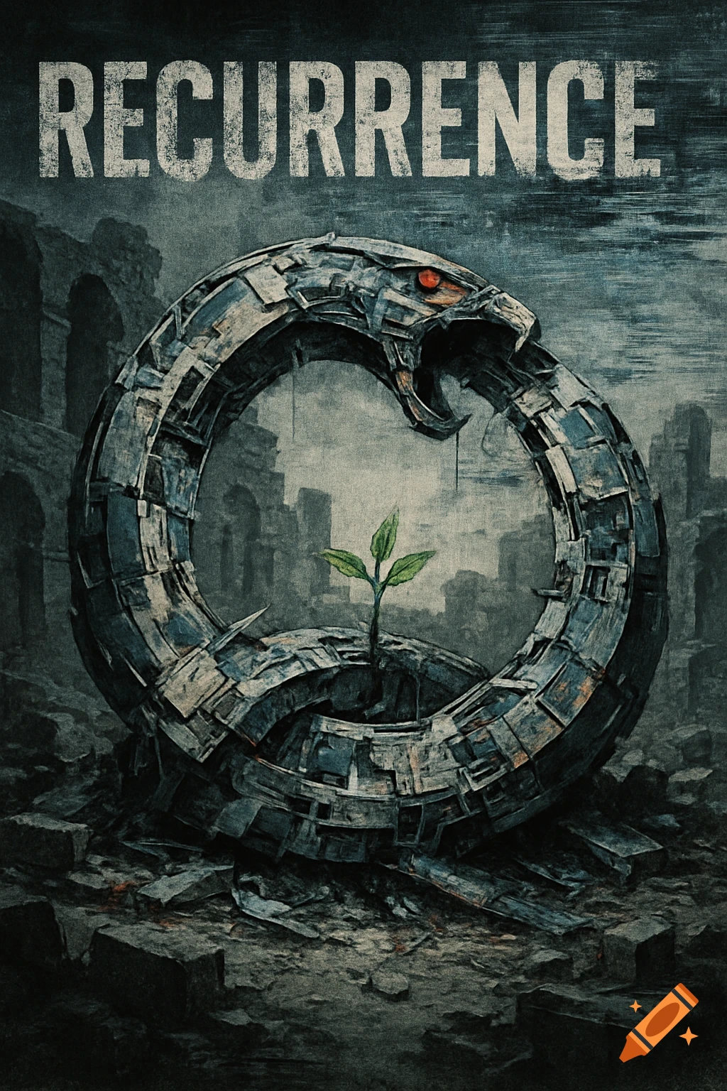 A weathered mechanical Ouroboros in ruins with a small plant growing in its center, under the word 'RECURRENCE'.