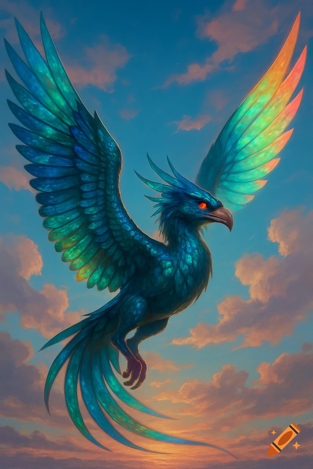 A majestic blue, green, and orange fantasy bird with red eyes flies through a vibrant blue and orange sky at sunset.