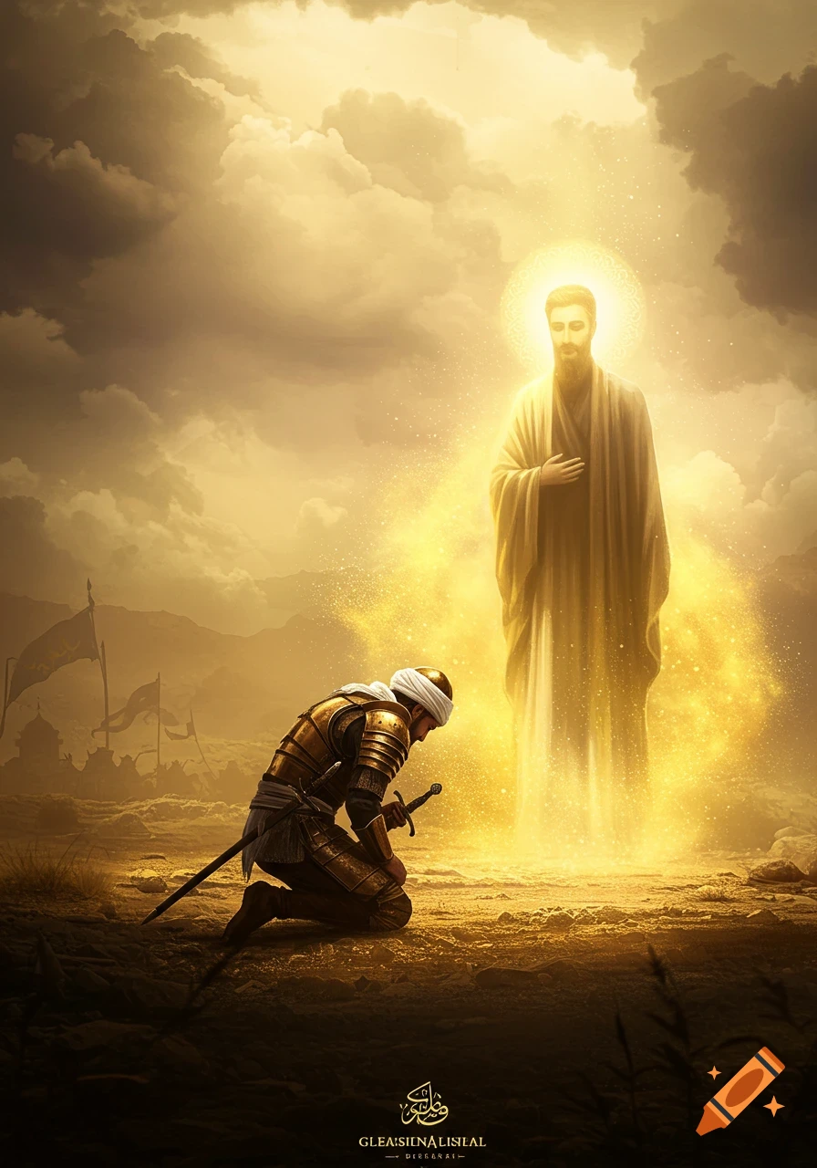 A warrior kneels before a luminous, spiritual figure in a desert landscape with dramatic clouds and distant flags. Epic painting style.