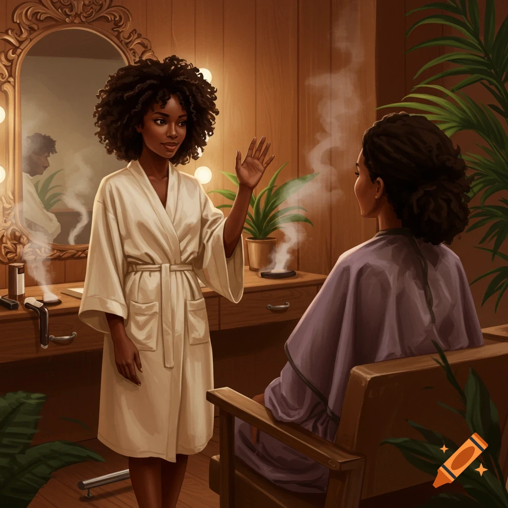Two Black women in a spa setting; one in a robe waves to another sitting in a salon chair.