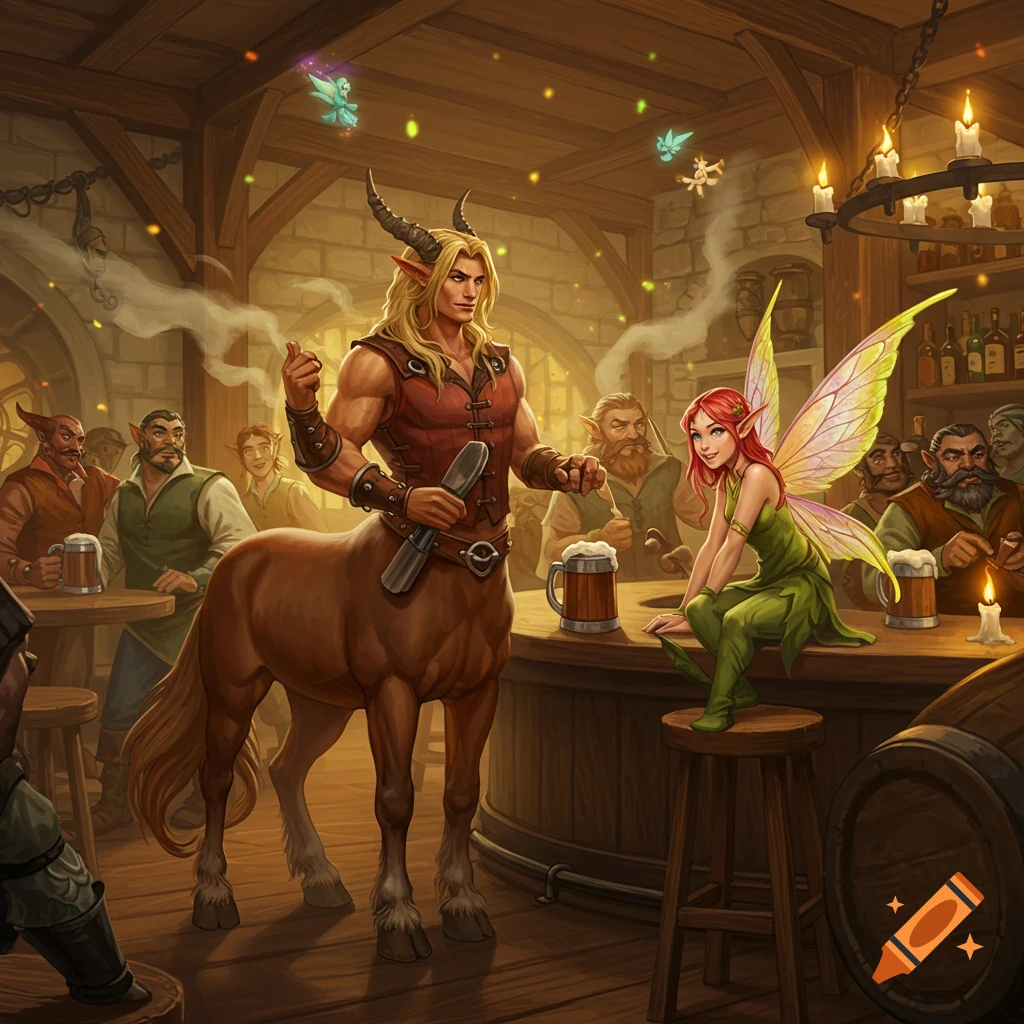 A muscular centaur and a red-haired fairy at a bustling fantasy tavern bar with other patrons and beer.