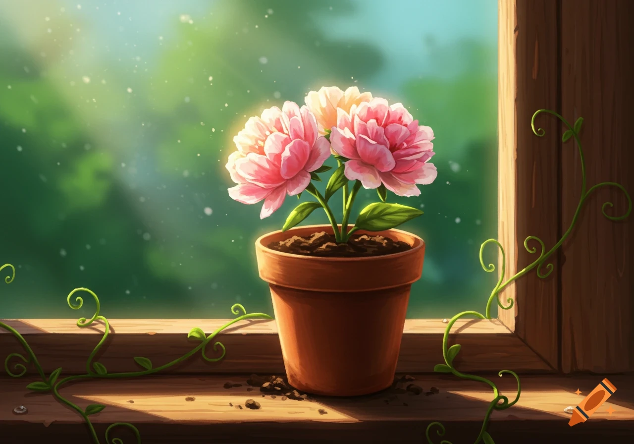 Two vibrant pink flowers in a terracotta pot bathed in sunlight on a wooden windowsill with green vines.