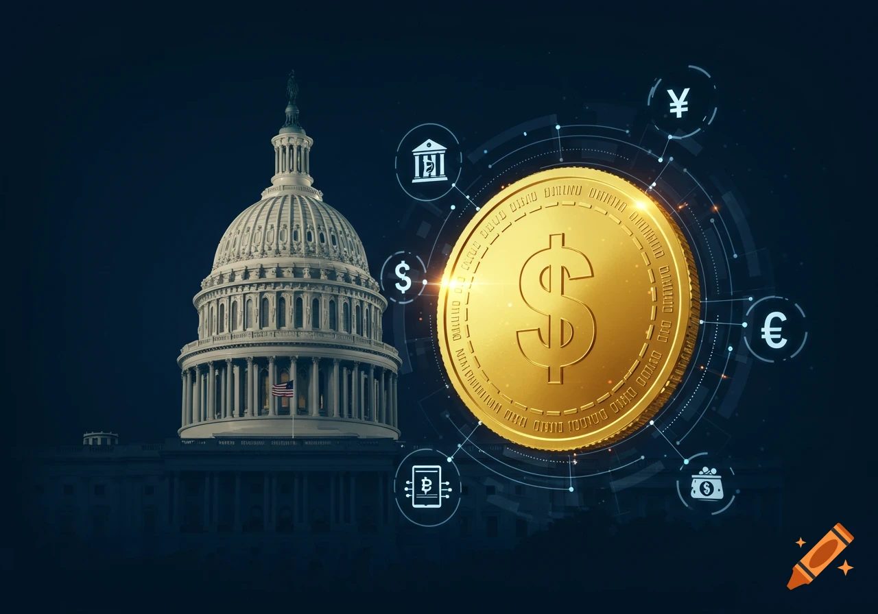 Digital illustration of a glowing gold USD coin with currency and fintech icons, against a backdrop of the U.S. Capitol building.
