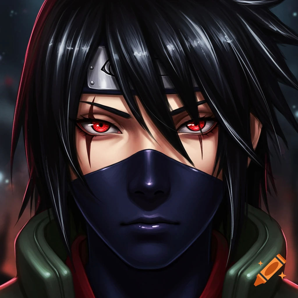 Close-up digital art portrait of an anime character with spiky black hair, red eyes, a dark face mask, and a silver headband.
