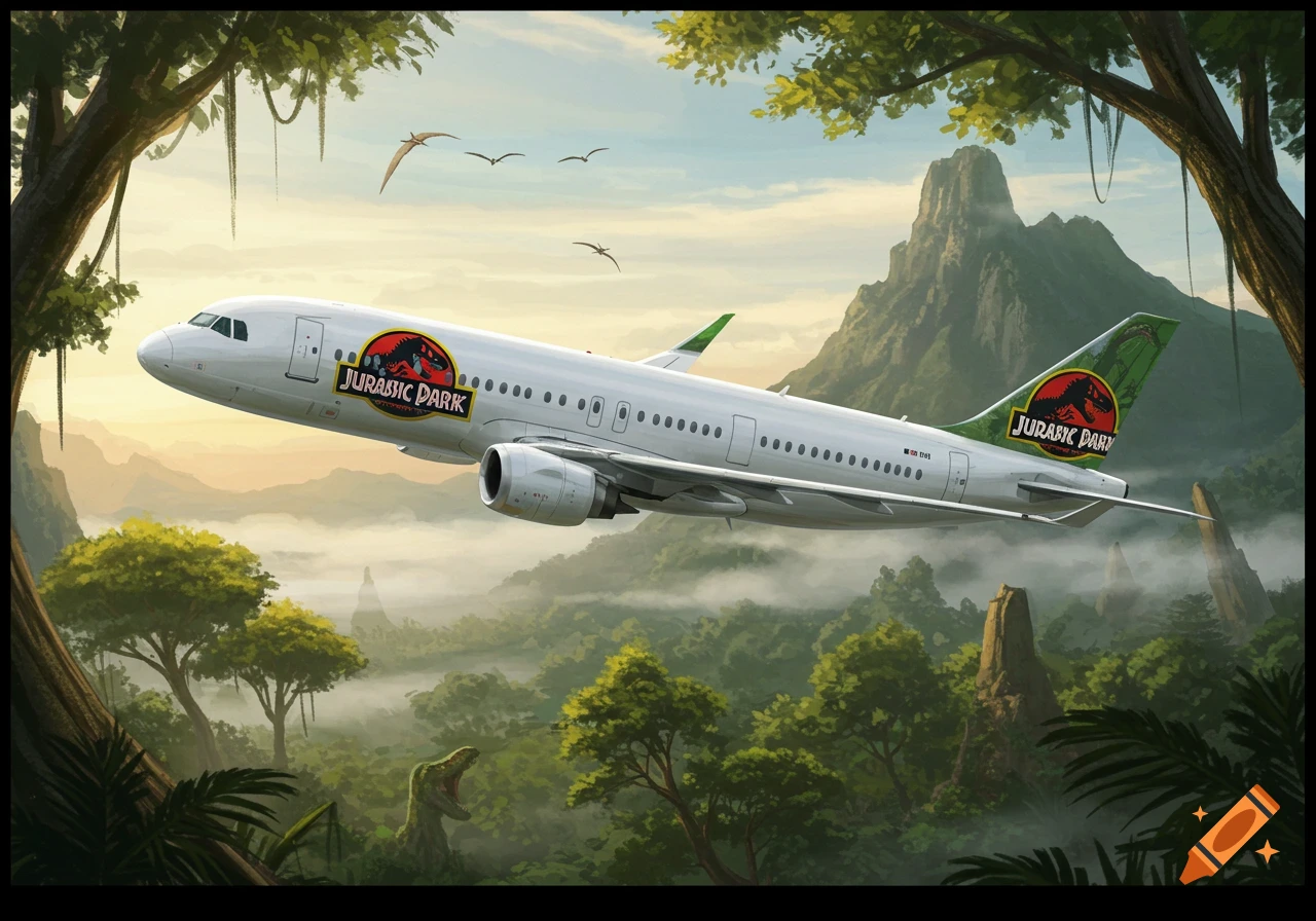 A white commercial jet with 'Jurassic Park' logo flying over a lush, misty jungle with mountains, pterodactyls, and a dinosaur.