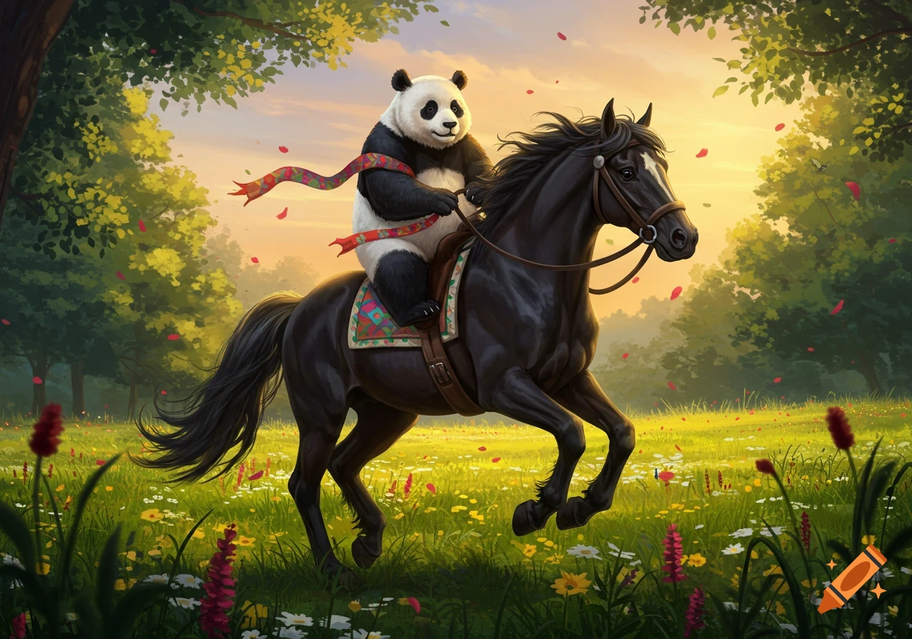 A whimsical illustration of a panda riding a black horse through a vibrant, flower-filled green field at sunset.