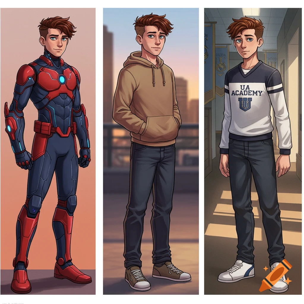 A young man in three different outfits: a red and blue superhero suit, a beige hoodie and jeans, and a UA Academy uniform.