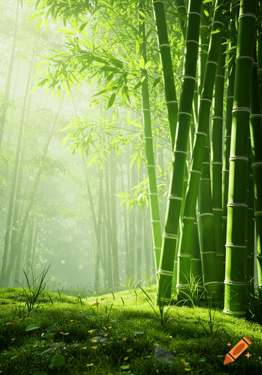Vibrant green bamboo forest with sunlight filtering through the canopy, illuminating the ground cover.