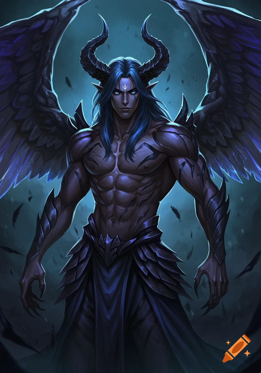 Muscular blue-haired demon king with horns, black wings, and glowing blue eyes, standing against a dark, mysterious background in an anime style.