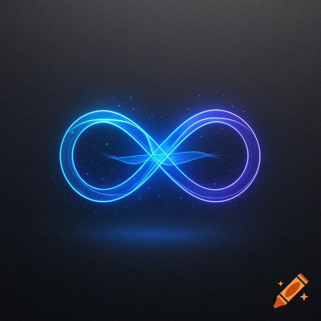 A glowing neon blue and purple infinity symbol floats against a dark, textured background with small light particles.