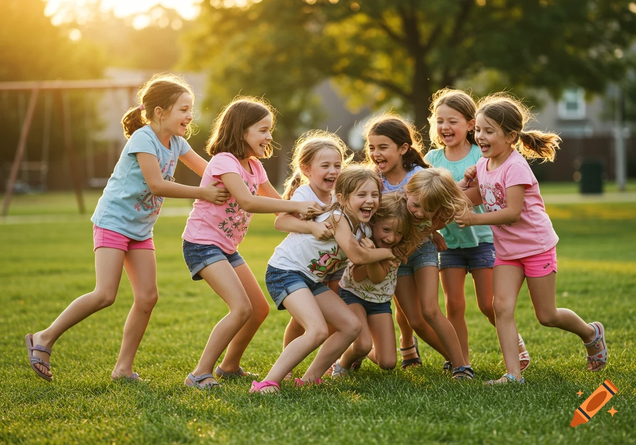 Group of happy young girls laughing and playing together in a dogpile on a sunny grassy field.
