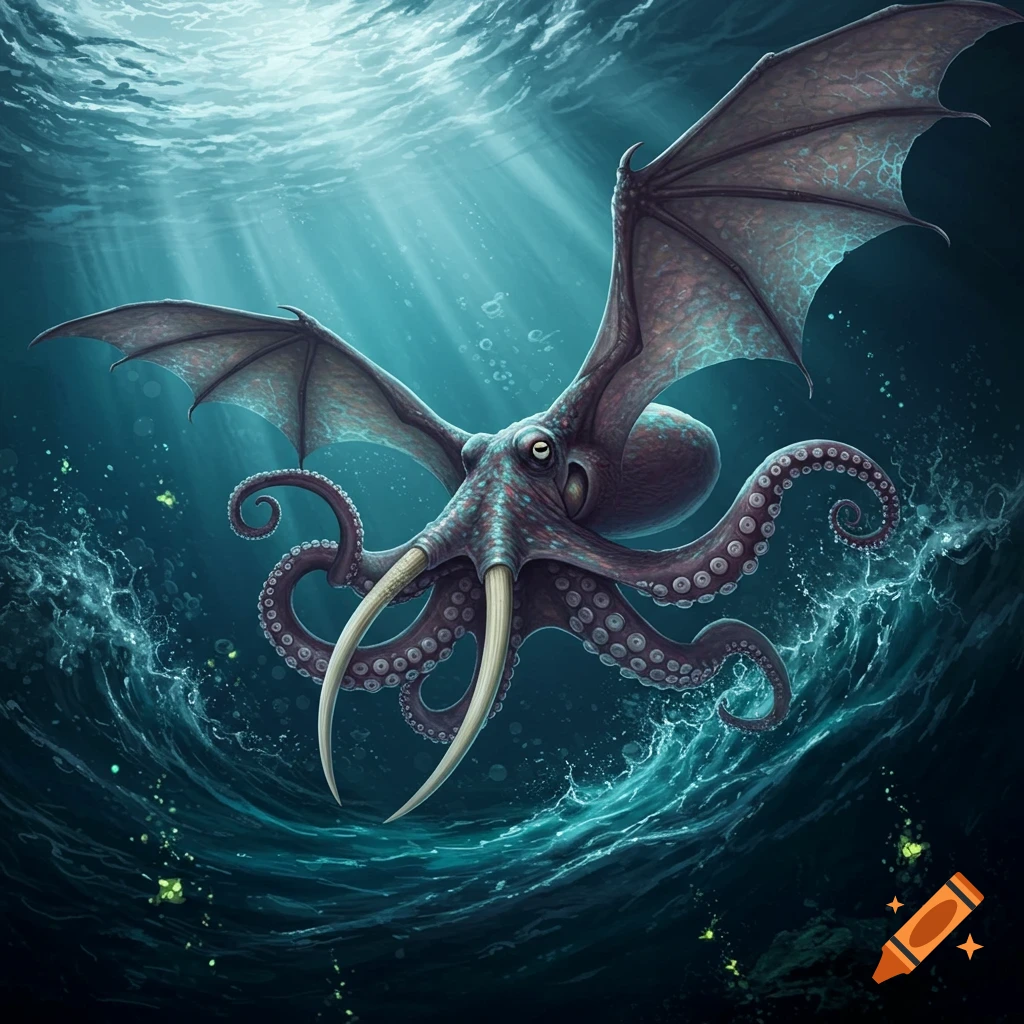 A fantastical grey-blue octopus-like creature with large bat wings and prominent tusks swims in clear blue underwater with light rays from above.