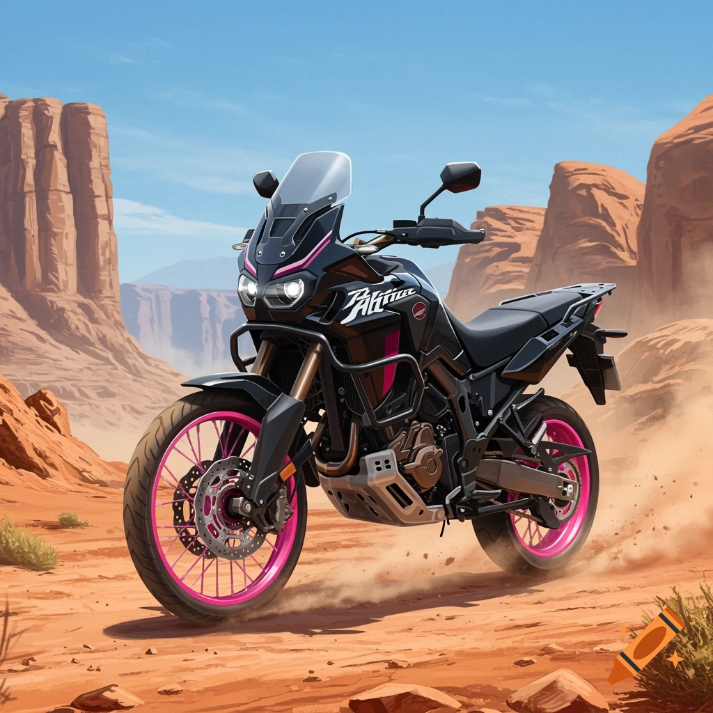 A black Africa Twin motorcycle with pink wheels rides on a dirt road in a desert landscape with large rock formations under a clear sky.