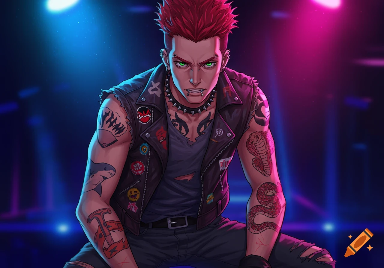 An anime-style male character with spiky red hair, green eyes, and multiple piercings, wearing a studded leather vest over a torn shirt. He has numerous tattoos, including a shark, a cobra, and abstract designs, and is bathed in vibrant blue and pink stage lights.
