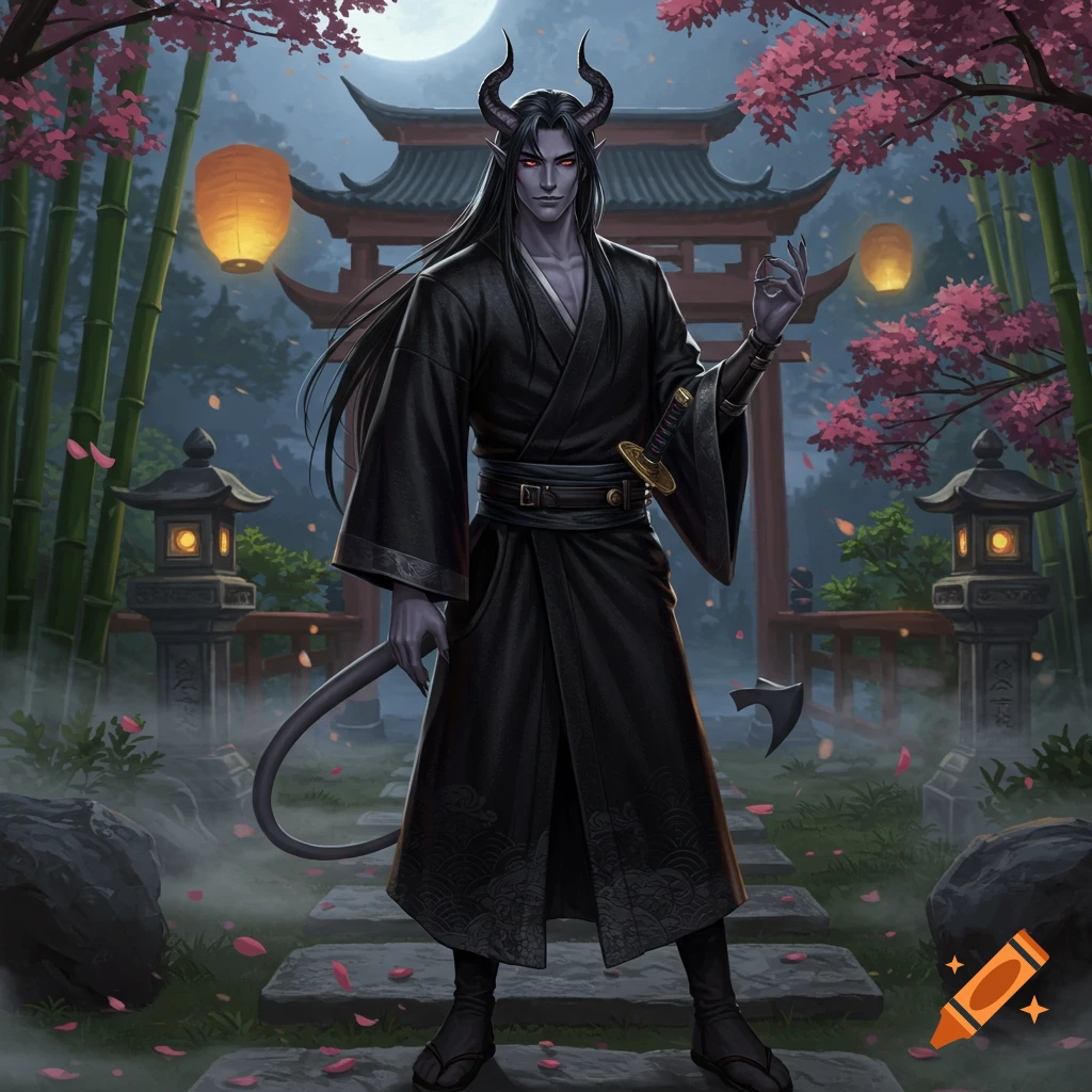 A male Tiefling in a black kimono with a katana stands in a moonlit Japanese garden with a torii gate, bamboo, and cherry blossoms.
