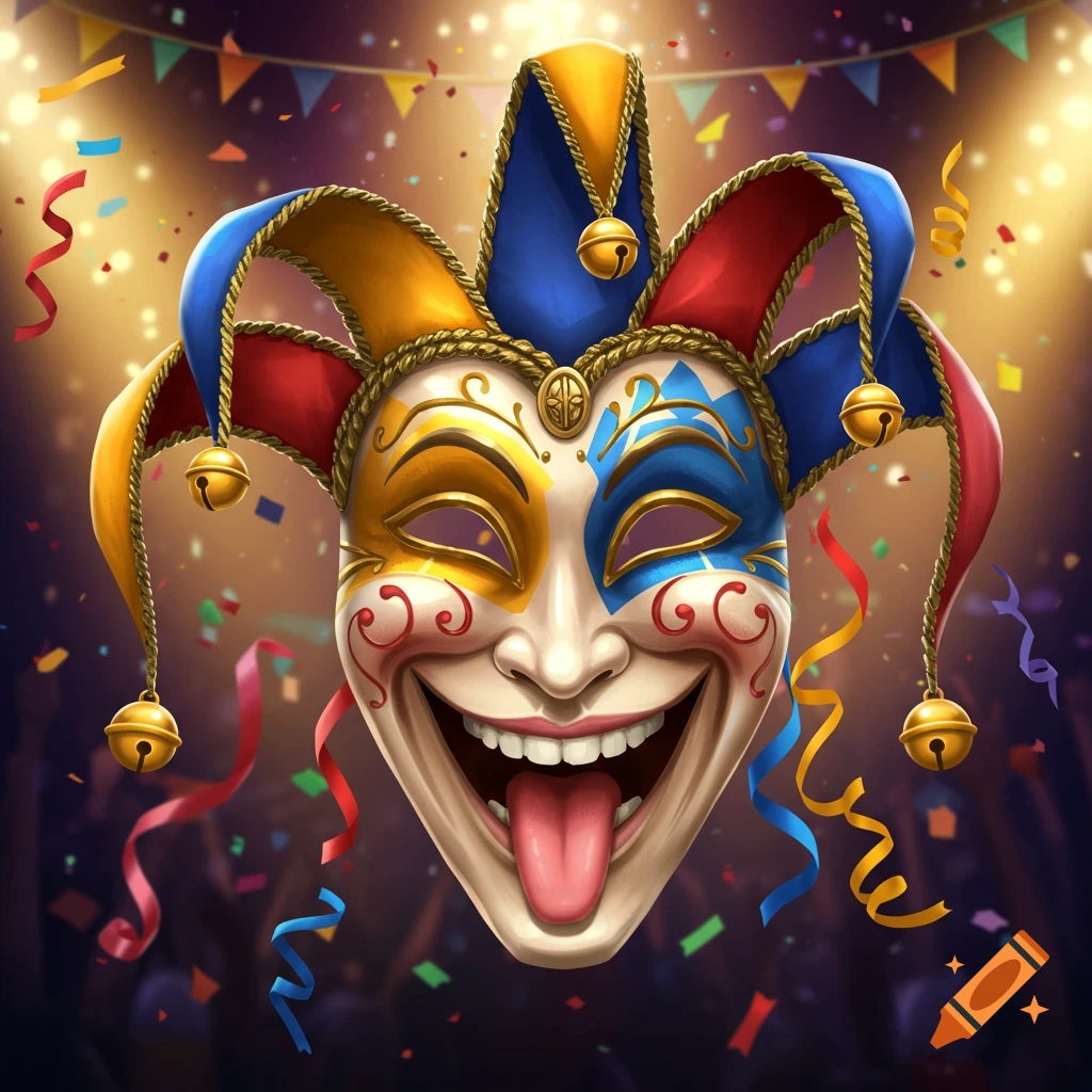 A vibrant, colorful jester mask with a wide grin and tongue sticking out, surrounded by falling confetti at a festive event.