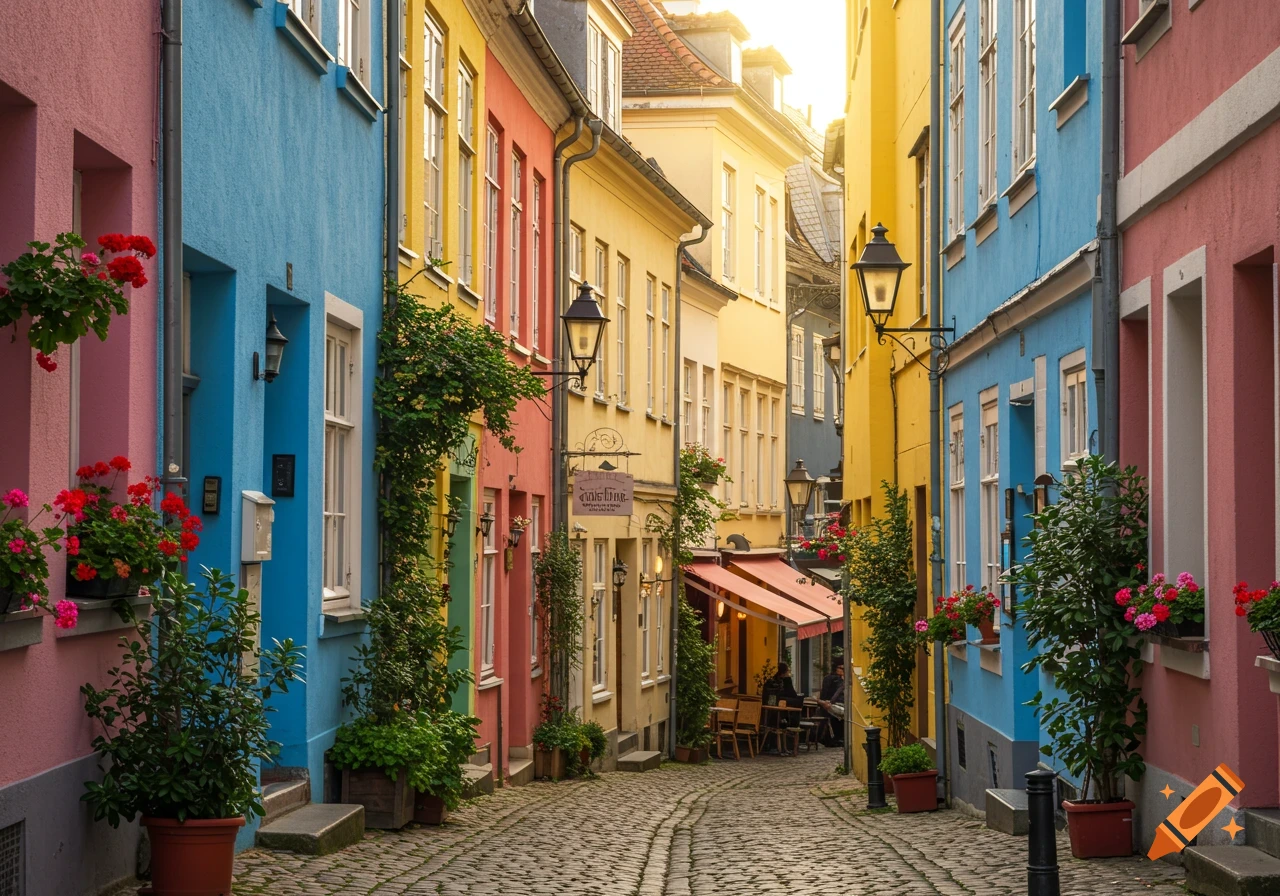 A narrow cobblestone street winds through colorful buildings with flowers and outdoor cafes under a bright sky.