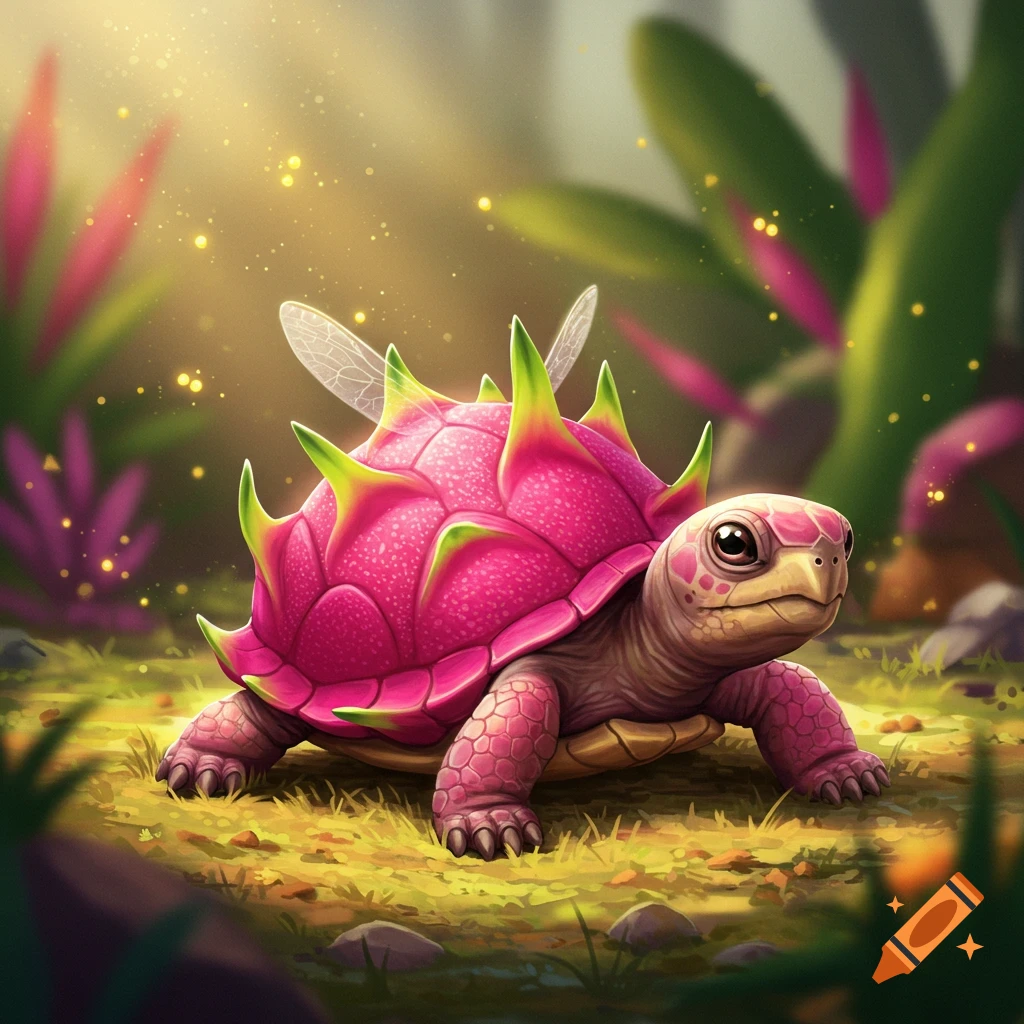 A cute, vibrant pink baby turtle with a dragon fruit shell and small fairy wings sits on a sunlit forest floor.