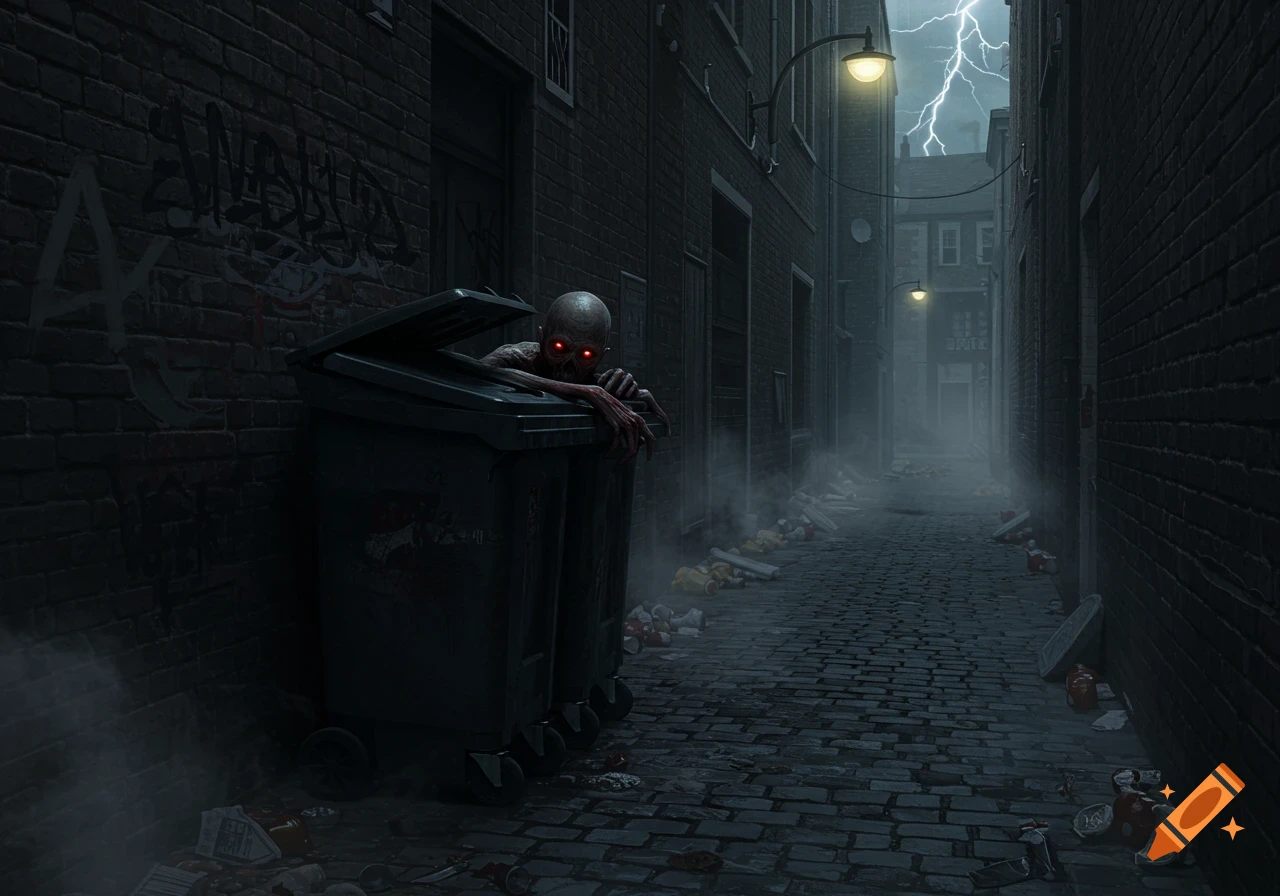 A pale, red-eyed entity emerges from a trash bin in a dark, foggy alley with lightning in the stormy sky.